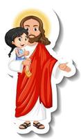 Jesucristo sosteniendo una pegatina de niño sobre fondo blanco. vector