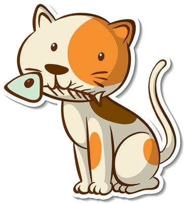 Cartoon character of a cat holding fish bone sticker