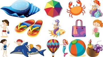 Set of summer beach objects and cartoon characters vector