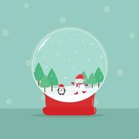 Vector - Beautiful Merry Christmas snow globe. Snowman and penguin dancing with green tree. Holiday season greeting. Happy New Year, Thanksgiving, Boxing day. Copy space.