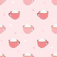 Vector - Abstract seamless pattern of hot Coffee or Chocolate cup with whipping cream and mini hearts on pink background. Beverage, Cafe. Can be use for print, paper, wrapping, fabric.