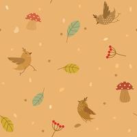 Vector - Abstract seamless pattern of Cute bird, leaves and mushroom on orange background. Fall, Autumn season. Can be use for print, paper, wrapping, fabric.