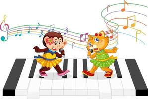 Cute monkey and cat cartoon character standing on piano vector