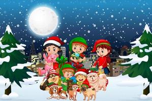 Snow falling scene with children and dogs in Christmas theme vector