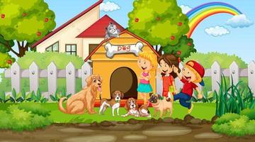 Park scene with children playing with their animals vector