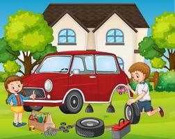 Outdoor scene with dad and daughter fixing a car together vector