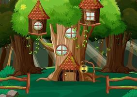 Escena de bosque de fantasía con casas en los árboles. vector