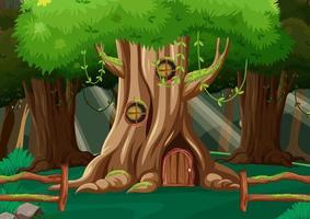 Fantasy forest background with tree house vector