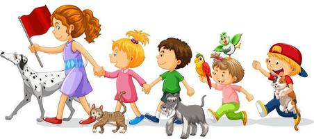 Children walking with their pets vector