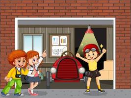 Garage scene with children fixing a car together vector