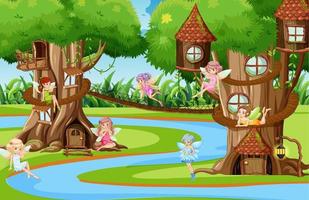 Fantasy forest with cute fairies vector