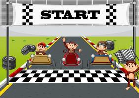 Race track scene with monkey racing drivers vector