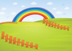 Blank meadow with wooden fences and rainbow vector