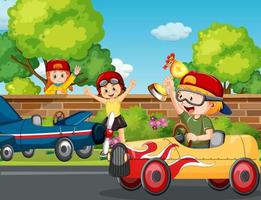 Park scene with children racing car vector