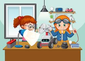 Children fixing a robot together in the room scene vector