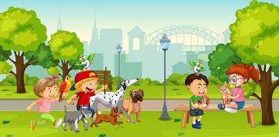 Children playing with their animals at the park vector