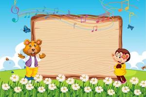 Empty wooden board with bear and monkey at nature park vector
