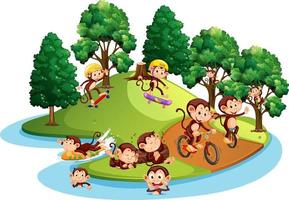 Isolated island with many monkeys doing different activities vector