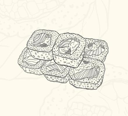 Illustration sushi kit sketch food.Hand drawn element design menu. Isolated object in white background.