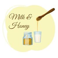 Milk and honey. A glass of milk, honey dipper and jar of honey on a yellow background. Vector illustration in flat cartoon style