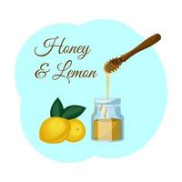 Honey and lemon. Two yellow lemons with green leaves, a jar of honey and honey dipper on a blue background. Vector illustration in flat cartoon style