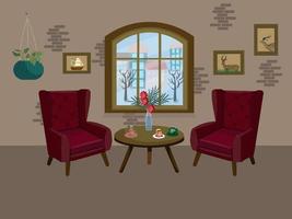 The interior of the cafe inside. Cozy cafe atmosphere. Two armchairs and a table by the window. Outside the window is a winter landscape. Hot coffee and tea with pancakes. Vector illustration