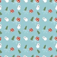 Snowman, Christmas tree, house and Snowflakes vector repeat pattern, Hand drawn Christmas repeat pattern for  background, wallpaper, gift wrapper, textile, packaging, banner.