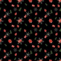 Christmas tree, bell and gift box repeat pattern on black background with snowflakes, hand drawn repeat pattern in Christmas theme. vector