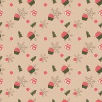Cup cake, House, Bell, Christmas tree, snowflakes vector repeat pattern, Hand drawn Christmas repeat pattern for  background, wallpaper, gift wrapper, textile, packaging, banner.