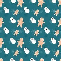 Ginger bread man, Snowman and Snowflakes vector repeat pattern, Hand drawn Christmas repeat pattern for  background, wallpaper, gift wrapper, textile, packaging, banner.