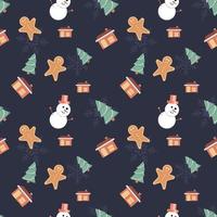 Christmas tree, snowman, house with chimney, gingerbread man, snowflake objects in rounded corner theme seamless pattern background. Best for winter holiday fabric, giftwrap, scrapbook, greeting cards vector