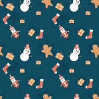 Gift box, Santa Claus, gingerbread man, snow man with hat  and snowflake seamless pattern background. Best for winter holiday fabric, giftwrap, scrapbooking, greeting cards design projects. vector