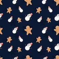 gingerbread man, snowman with hat on dark blue backdrop with snowflake seamless pattern background. Best for winter holiday fabric, giftwrap, scrapbooking, greeting cards design projects. vector