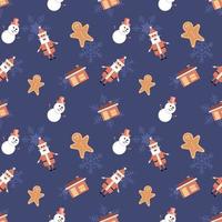 Santa Claus, gingerbread  man, house with chimney objects in rounded corner theme seamless pattern background. Best for winter holiday fabric, giftwrap, scrapbook, greeting cards design projects. vector