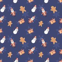 Santa Claus, gingerbread  man, house with chimney objects in rounded corner theme seamless pattern background. Best for winter holiday fabric, giftwrap, scrapbook, greeting cards design projects. vector