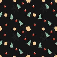 Christmas tree, bell, decorative ball  and snowflake vector in rounded corner theme seamless pattern background. Best for winter holiday fabric, giftwrap, scrapbook, greeting cards design projects.