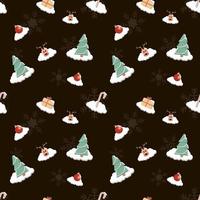árbol de Navidad cubierto de nieve, caja de regalo, cabeza de ciervo, bastón de caramelo, bola decorativa, patrón de repetición sin fisuras de copos de nieve para embalaje, textil, funda de regalo, fondo para proyecto de diseño navideño. vector