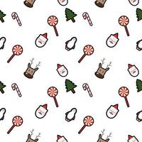 lollipop, Santa Claus head, deer head, penguin, candy cane, Christmas tree seamless pattern background. Perfect for winter holiday fabric, giftwrap, scrapbook, greeting cards design projects. vector