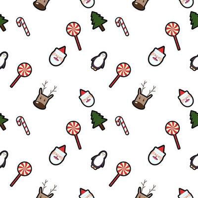 lollipop, Santa Claus head, deer head, penguin, candy cane, Christmas tree seamless pattern background. Perfect for winter holiday fabric, giftwrap, scrapbook, greeting cards design projects.