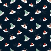 árbol de Navidad cubierto de nieve, bola decorativa, cabeza de venado, patrón de repetición sin fisuras de copo de nieve para embalaje, textil, funda de regalo, fondo para proyecto de diseño navideño. vector