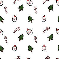 Christmas tree, Santa head, Candy cane seamless pattern background. Perfect for winter holiday fabric, giftwrap, scrapbook, greeting cards design projects. vector