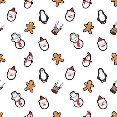 penguin, Santa Claus with hat, deer head, gingerbread man seamless pattern background. Perfect for winter holiday fabric, giftwrap, scrapbook, greeting cards design projects.