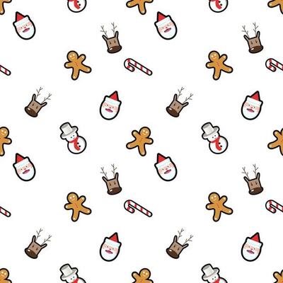 Santa Claus with hat, deer head, snowman, gingerbread man seamless pattern background. Perfect for winter holiday fabric, giftwrap, scrapbook, greeting cards design projects.