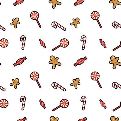 lollipop, gingerbread man, candy cane, candy, sweet seamless pattern background. Perfect for winter holiday fabric, giftwrap, scrapbook, greeting cards design projects.