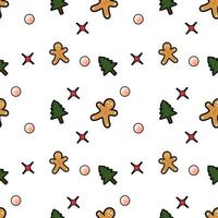Gingerbread man, Christmas tree, decorative ball, stars seamless pattern background. Perfect for winter holiday fabric, giftwrap, scrapbook, greeting cards design projects. vector