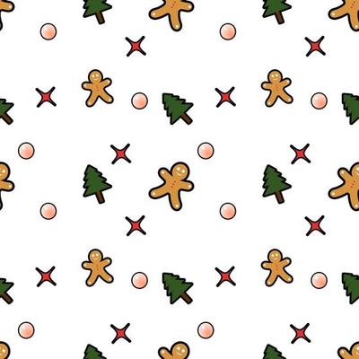 Gingerbread man, Christmas tree, decorative ball, stars seamless pattern background. Perfect for winter holiday fabric, giftwrap, scrapbook, greeting cards design projects.