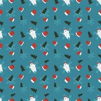 polar bear, gloves, Christmas tree, snow flakes on light color background, Hand drawn vector repeat pattern for Banner, wallpaper, backdrop, textile, gift wrapper.