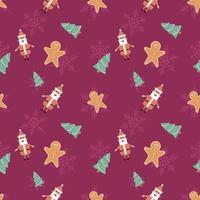 Gingerbread man, Christmas tree and Santa Claus objects in rounded corner theme seamless pattern background. Best for winter holiday fabric, giftwrap, scrapbook, greeting cards design projects. vector