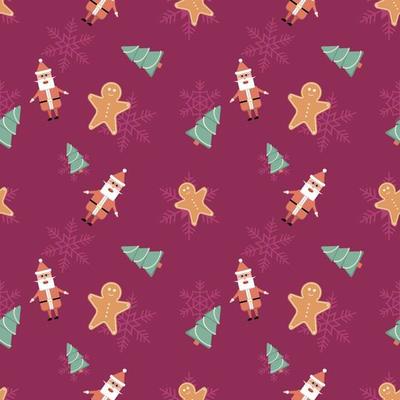 Gingerbread man, Christmas tree and Santa Claus objects in rounded corner theme seamless pattern background. Best for winter holiday fabric, giftwrap, scrapbook, greeting cards design projects.