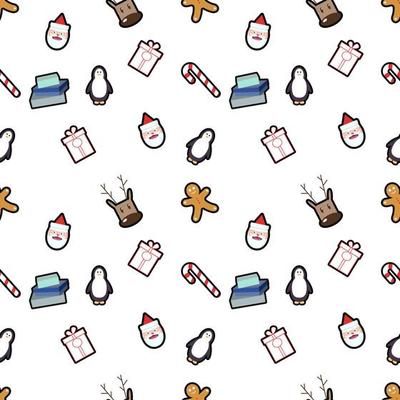 gingerbread man, deer head, gift box, penguin, candy cane, present box, Santa head seamless pattern background. Perfect for winter holiday fabric, giftwrap, scrapbook, greeting cards design projects.